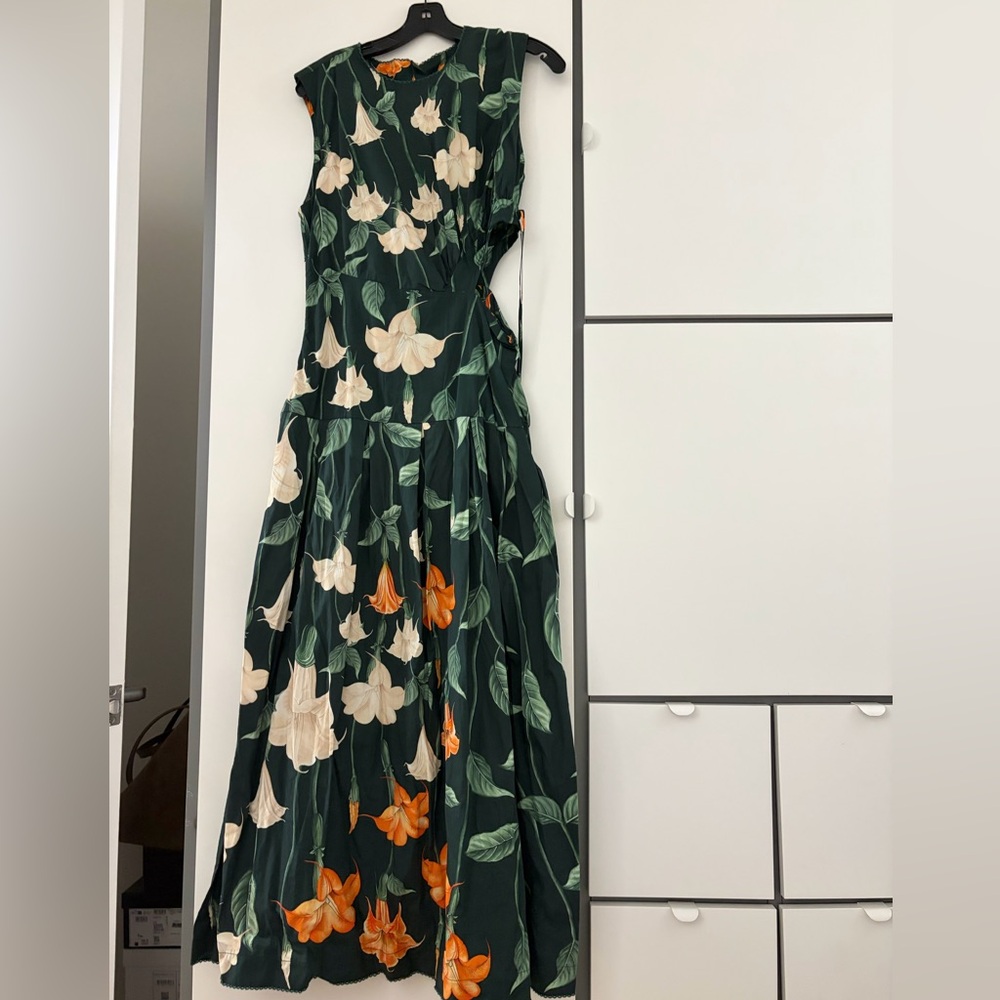 Agua by Agua Bendita Dark Green Maxi Dress with Cream & Orange Floral Print